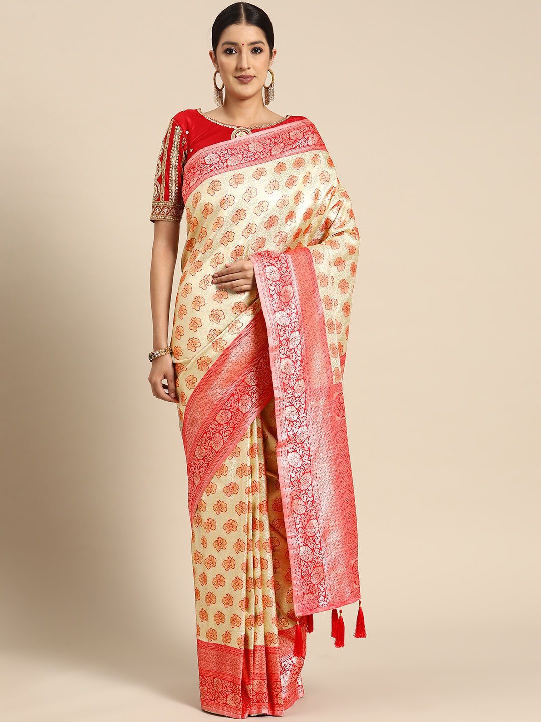 

MANOHARI Woven Design Ethnic Motifs Zari Banarasi Saree, Red