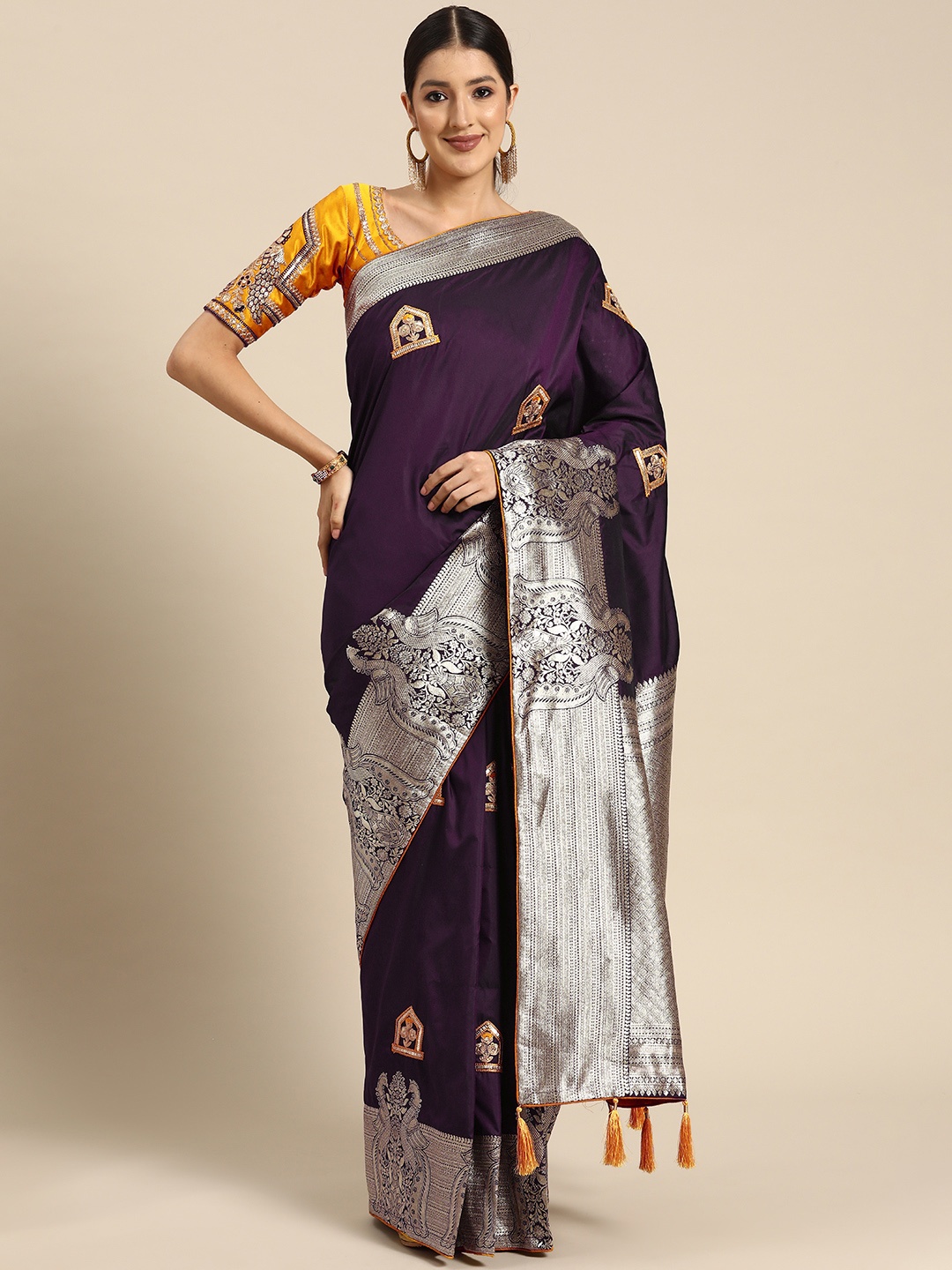 

MANOHARI Woven Design Ethnic Motifs Zari Banarasi Saree, Purple