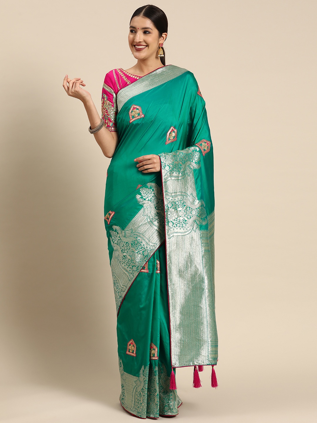 

MANOHARI Woven Design Ethnic Motifs Zari Banarasi Saree, Green