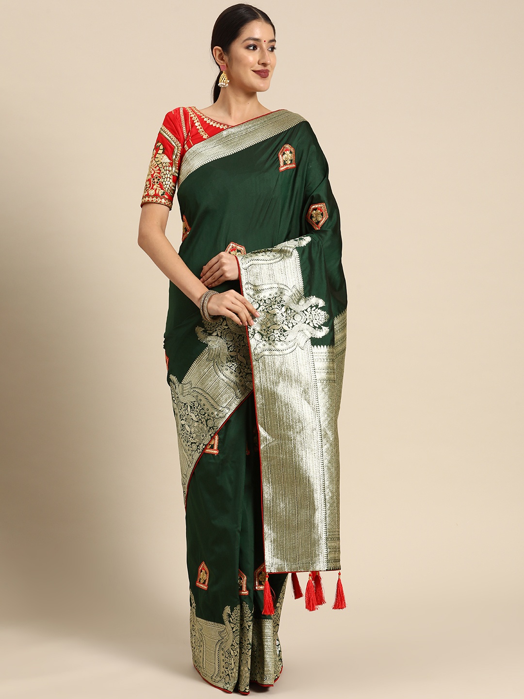 

MANOHARI Woven Design Ethnic Motifs Zari Banarasi Saree, Green