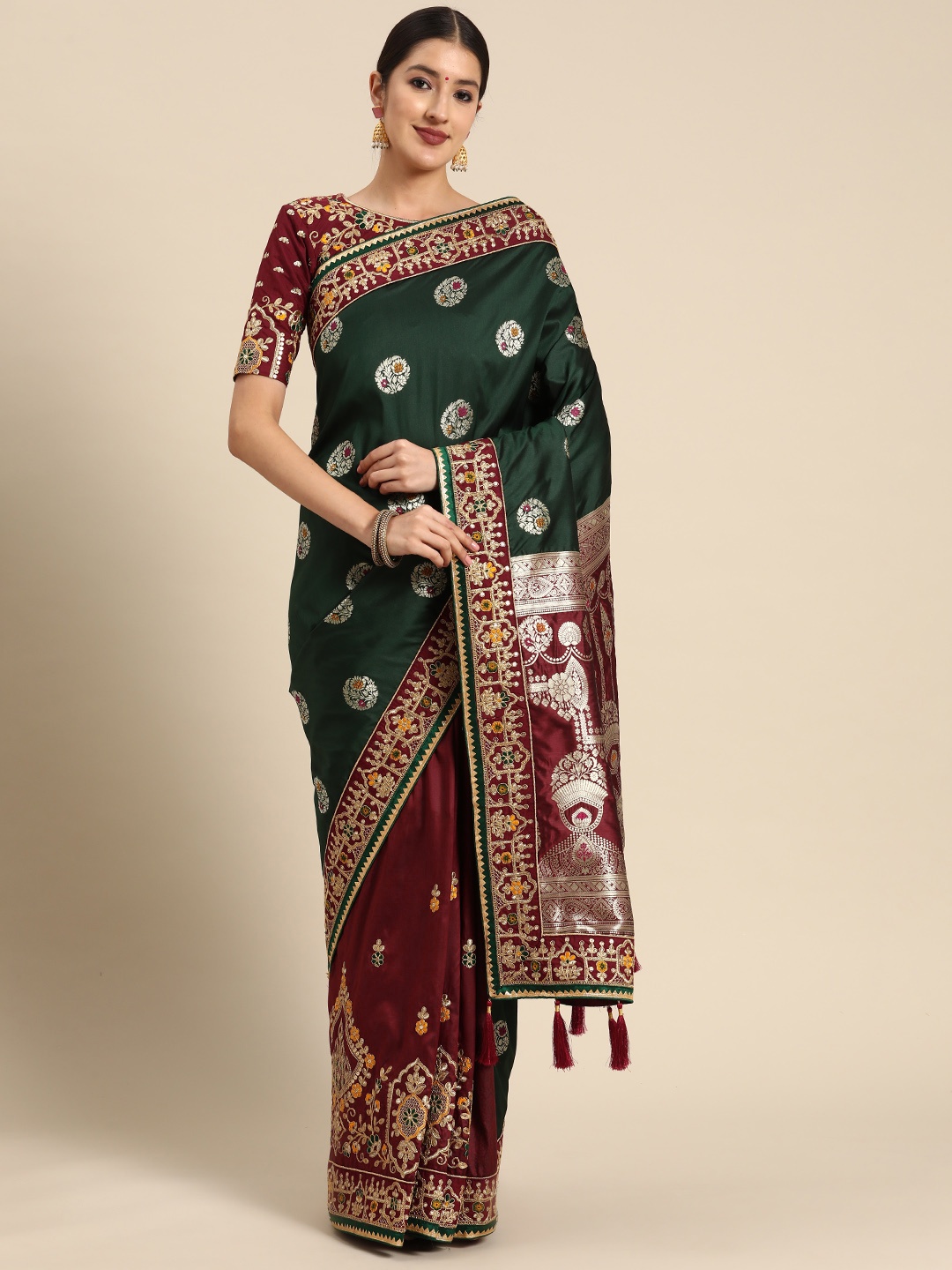 

MANOHARI Floral Zari Silk Blend Half and Half Banarasi Saree, Green