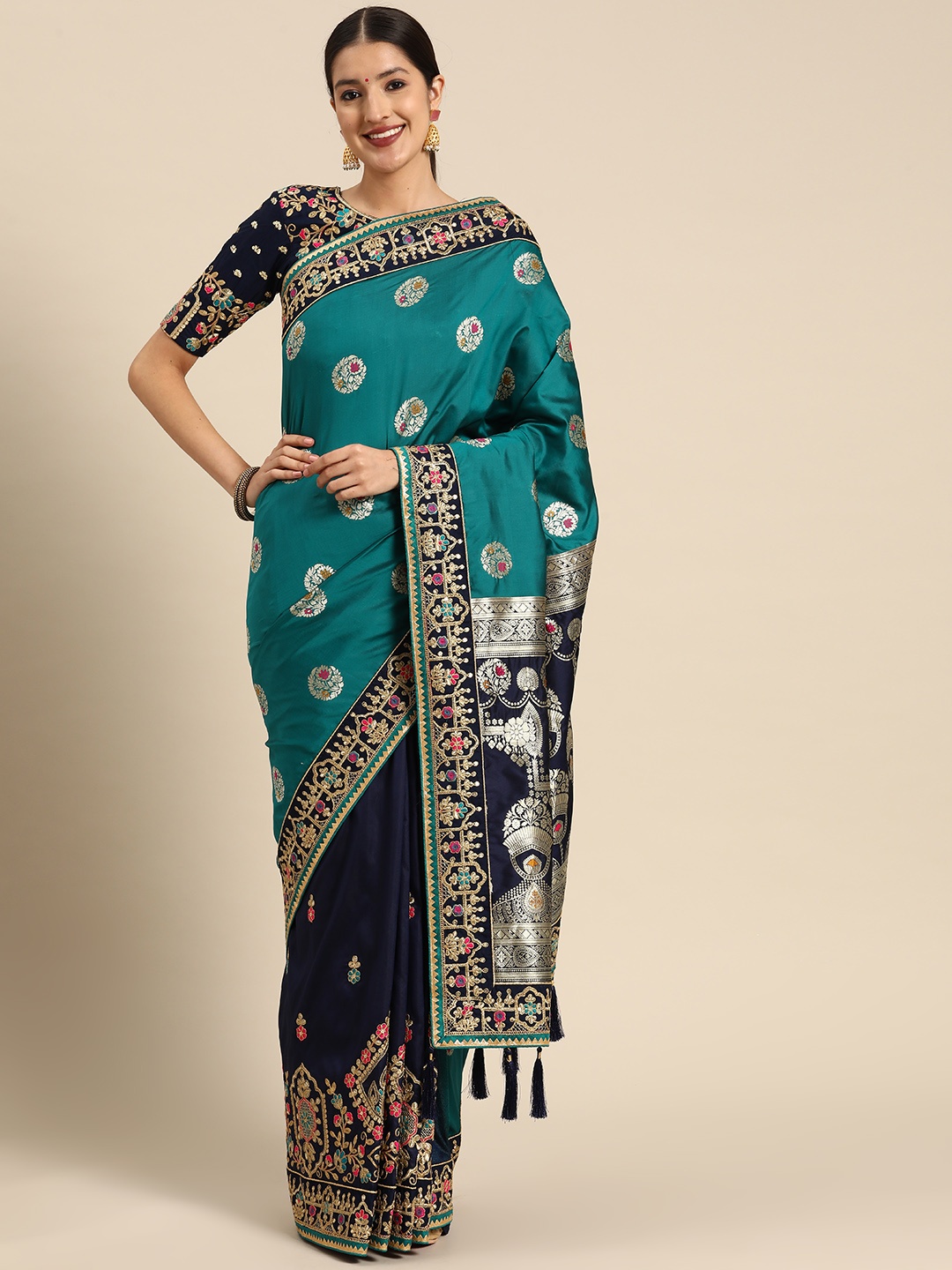 

MANOHARI Ethnic Motifs Zari Silk Blend Half and Half Banarasi Saree, Teal