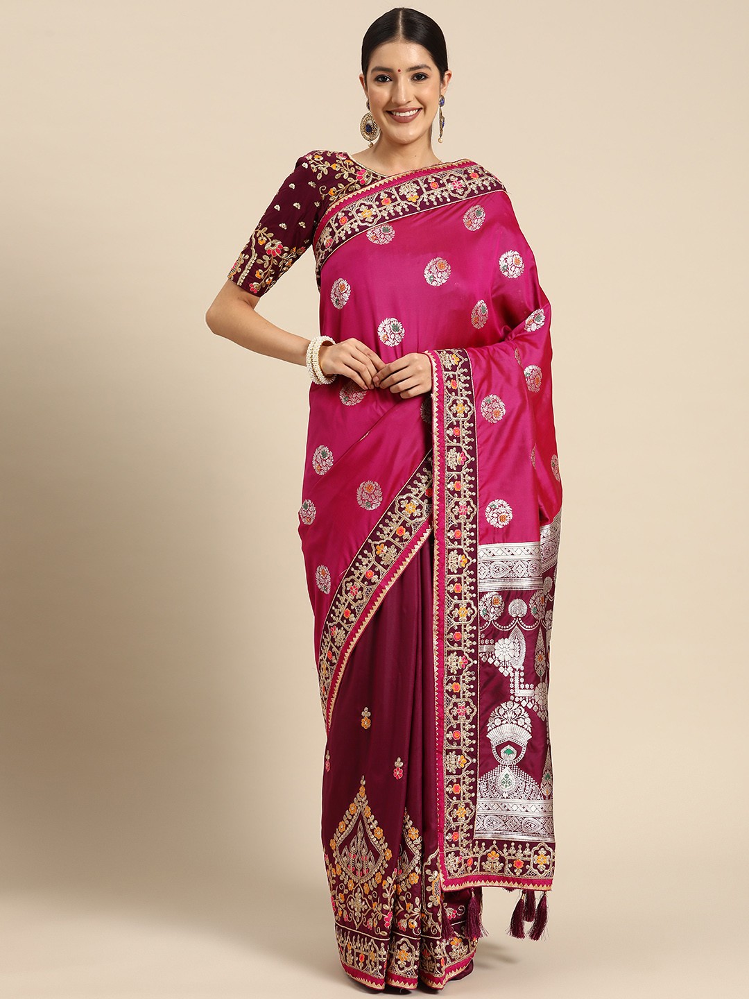 

MANOHARI Woven Design Ethnic Motifs Zari Banarasi Saree, Pink