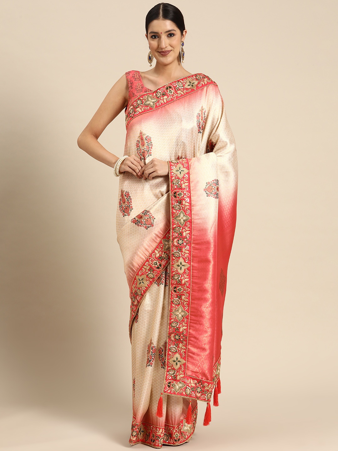

MANOHARI Woven Design Ethnic Motifs Sequinned Banarasi Saree, Beige