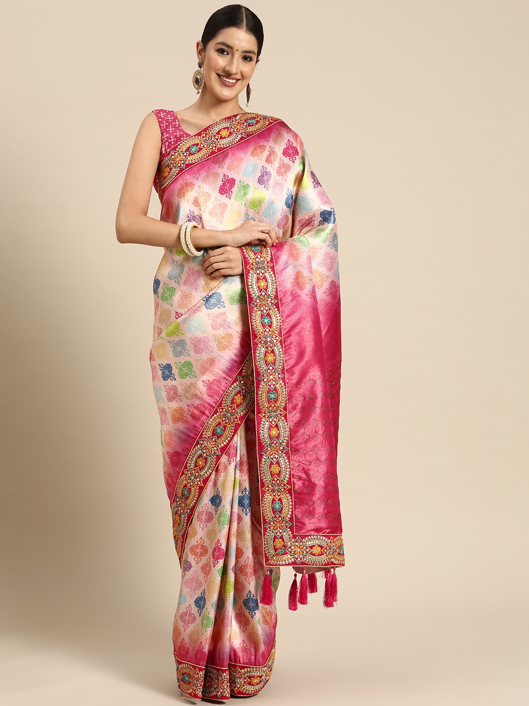 

MANOHARI Ethnic Motifs Printed Sequinned Banarasi Saree, Pink