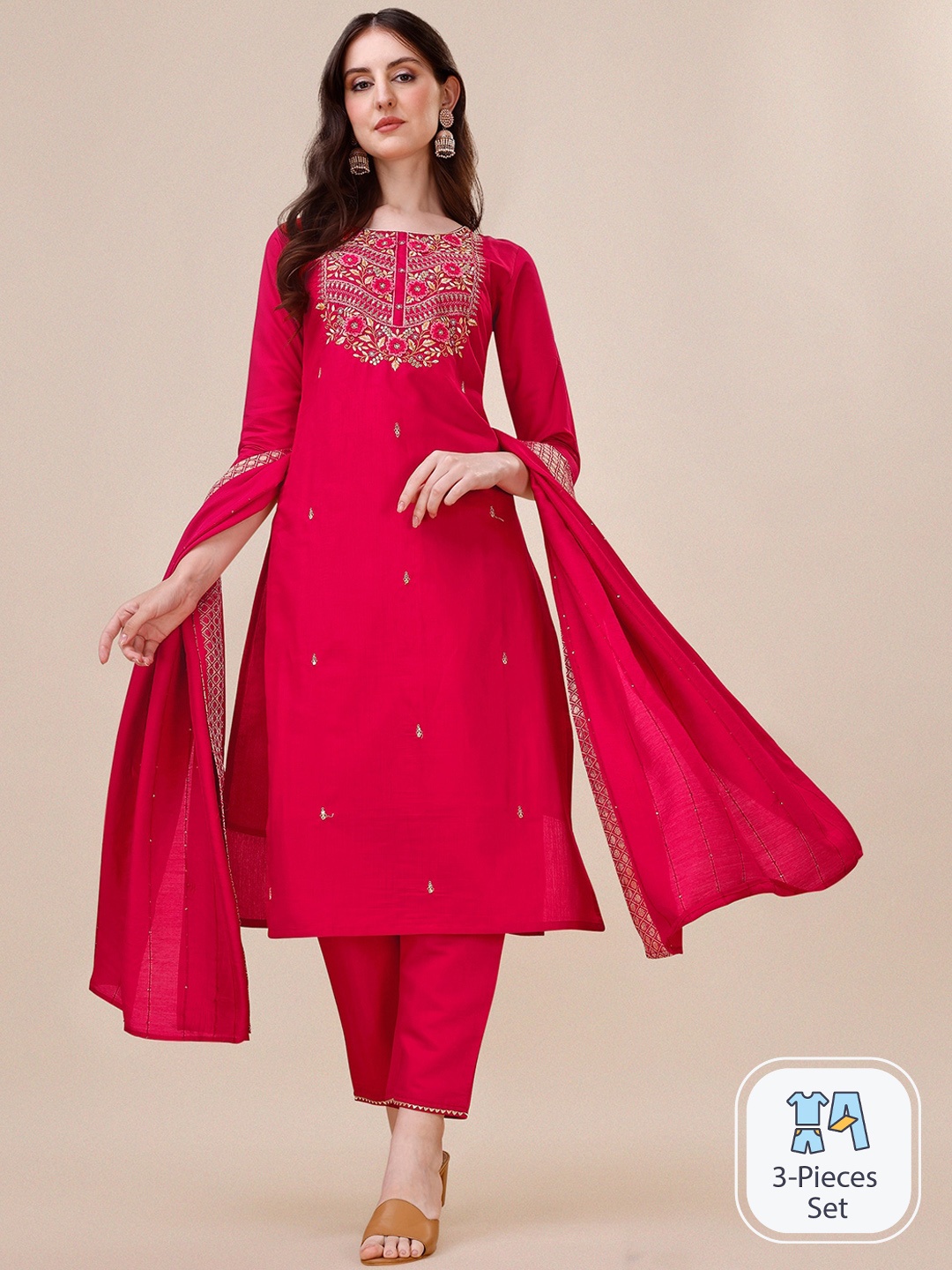 

Berrylicious Floral Embroidered Chanderi Cotton Straight Kurta & Trousers With Dupatta, Pink