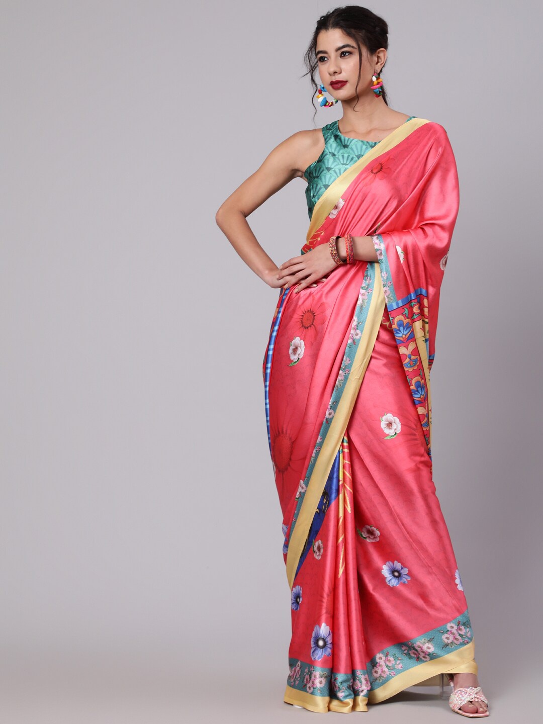 

AKS Floral Printed Satin Saree, Pink