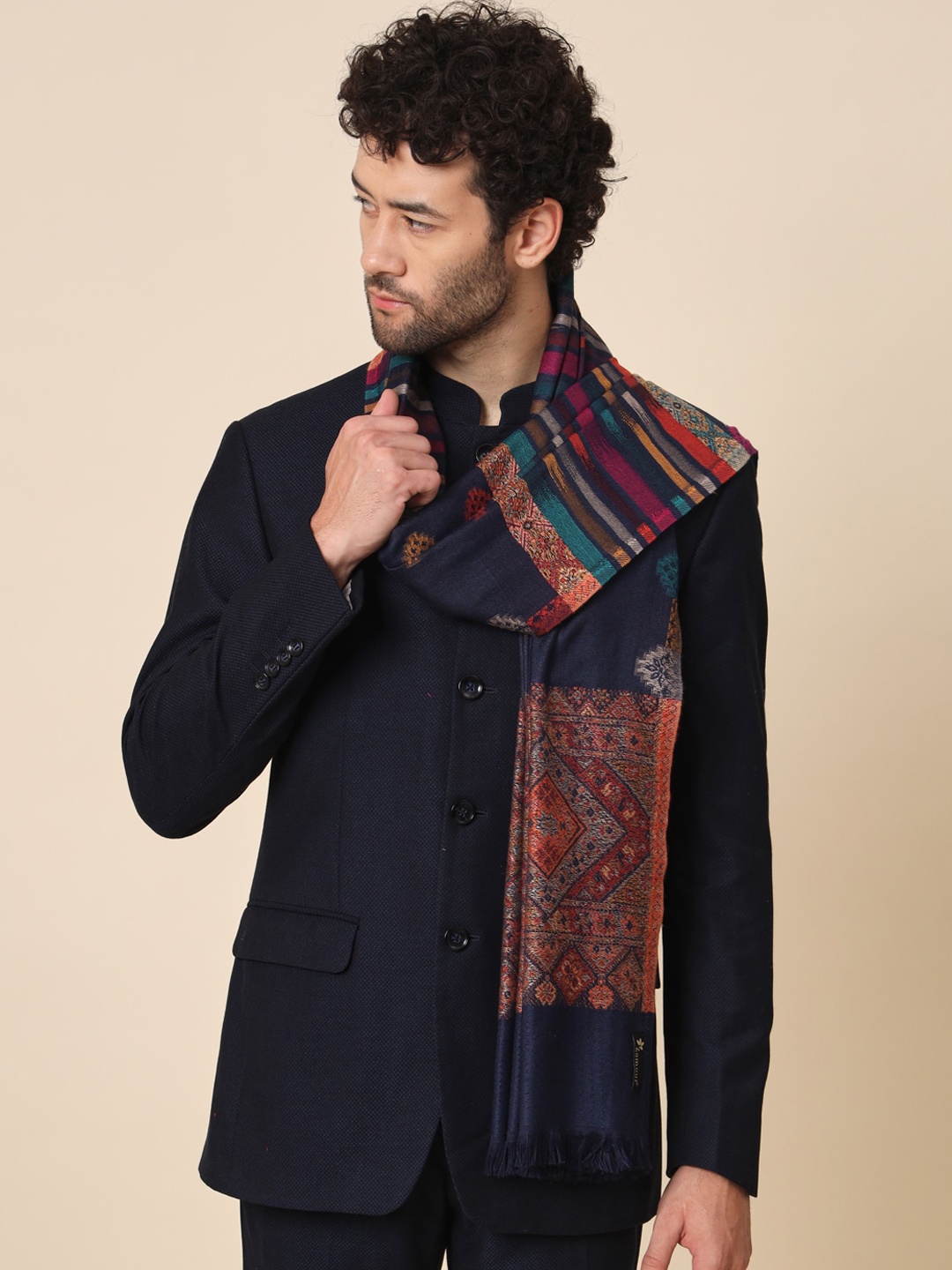 

Zamour Men Ethnic Woven Design Jacquard Shawl, Blue