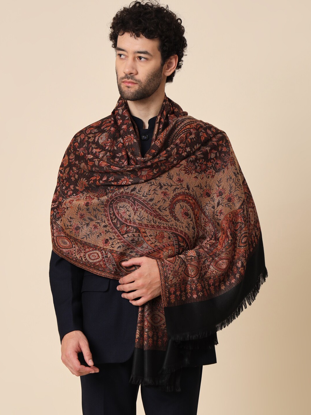 

Zamour Men Floral Woven Design Jacquard Shawl, Black