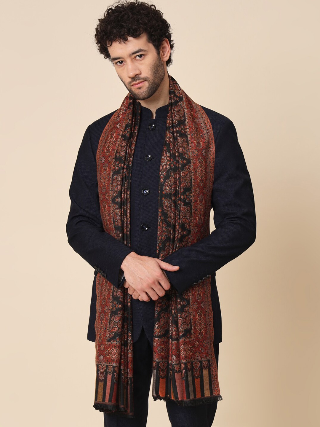 

Zamour Men Ethnic Woven Design Jacquard Shawl, Black