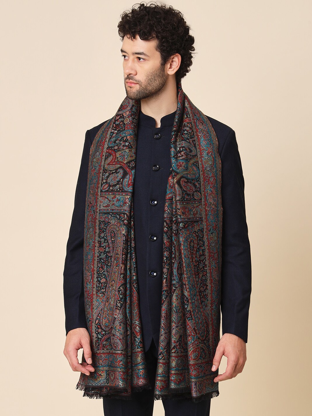 

Zamour Men Paisley Woven Design Shawl, Black