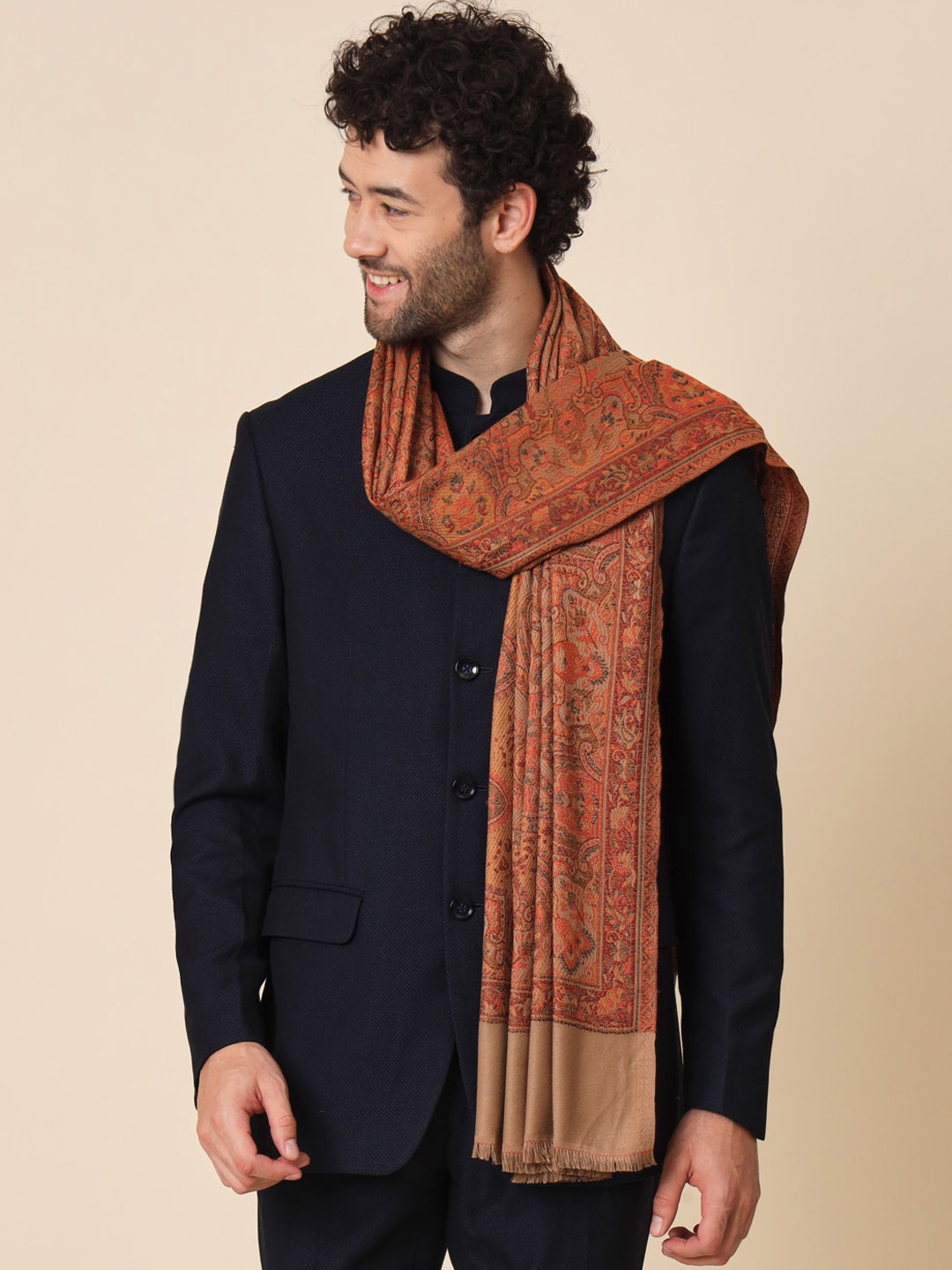 

Zamour Men Ethnic Woven Design Jacquard Shawl, Brown