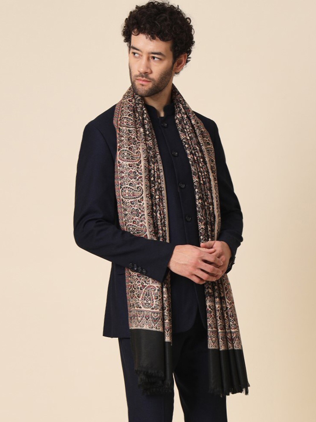 

Zamour Men Paisley Woven Design Jacquard Shawl, Black