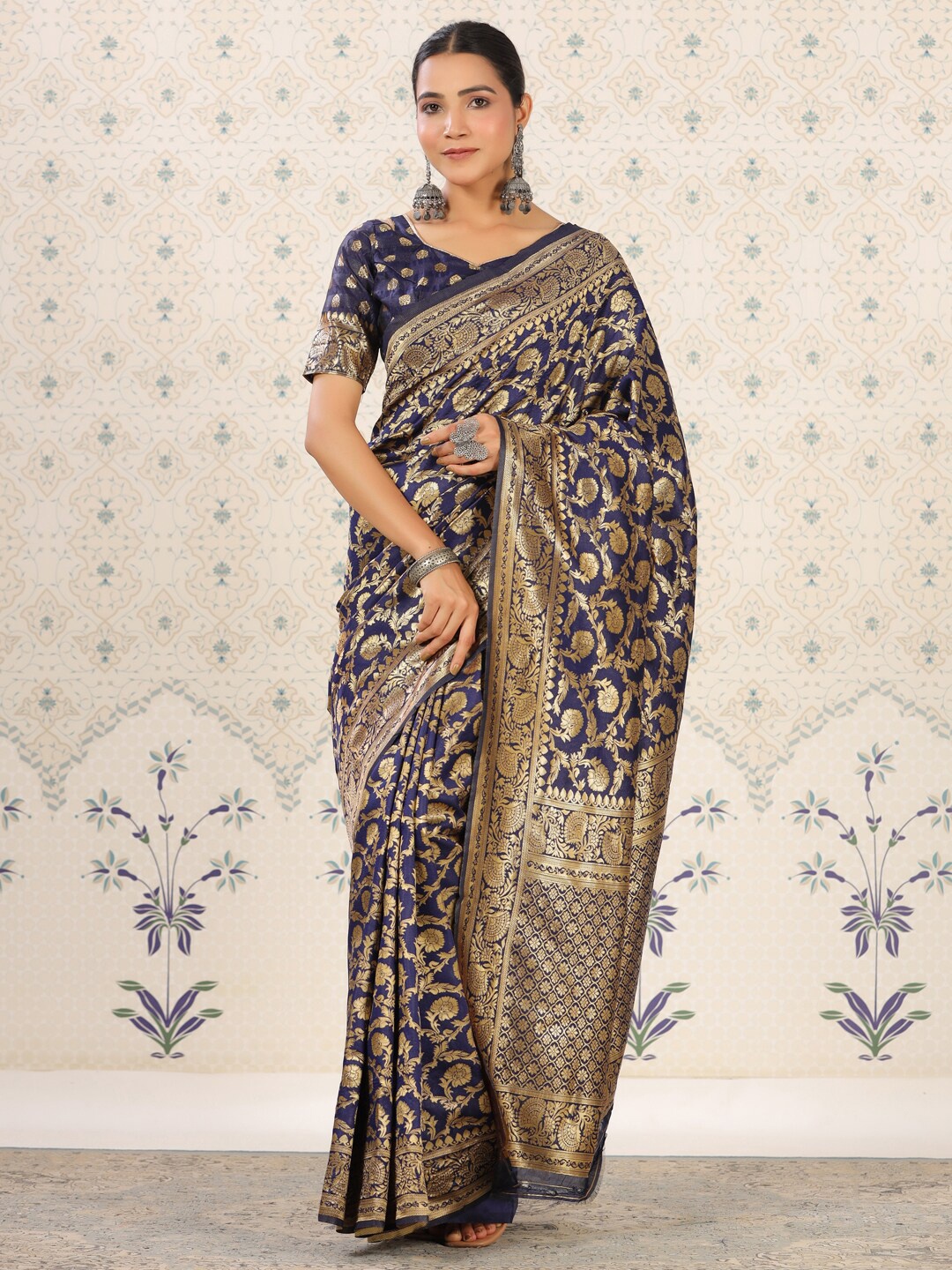 

Ode by House of Pataudi Navy Blue Floral Woven Design Zari Banarasi Saree