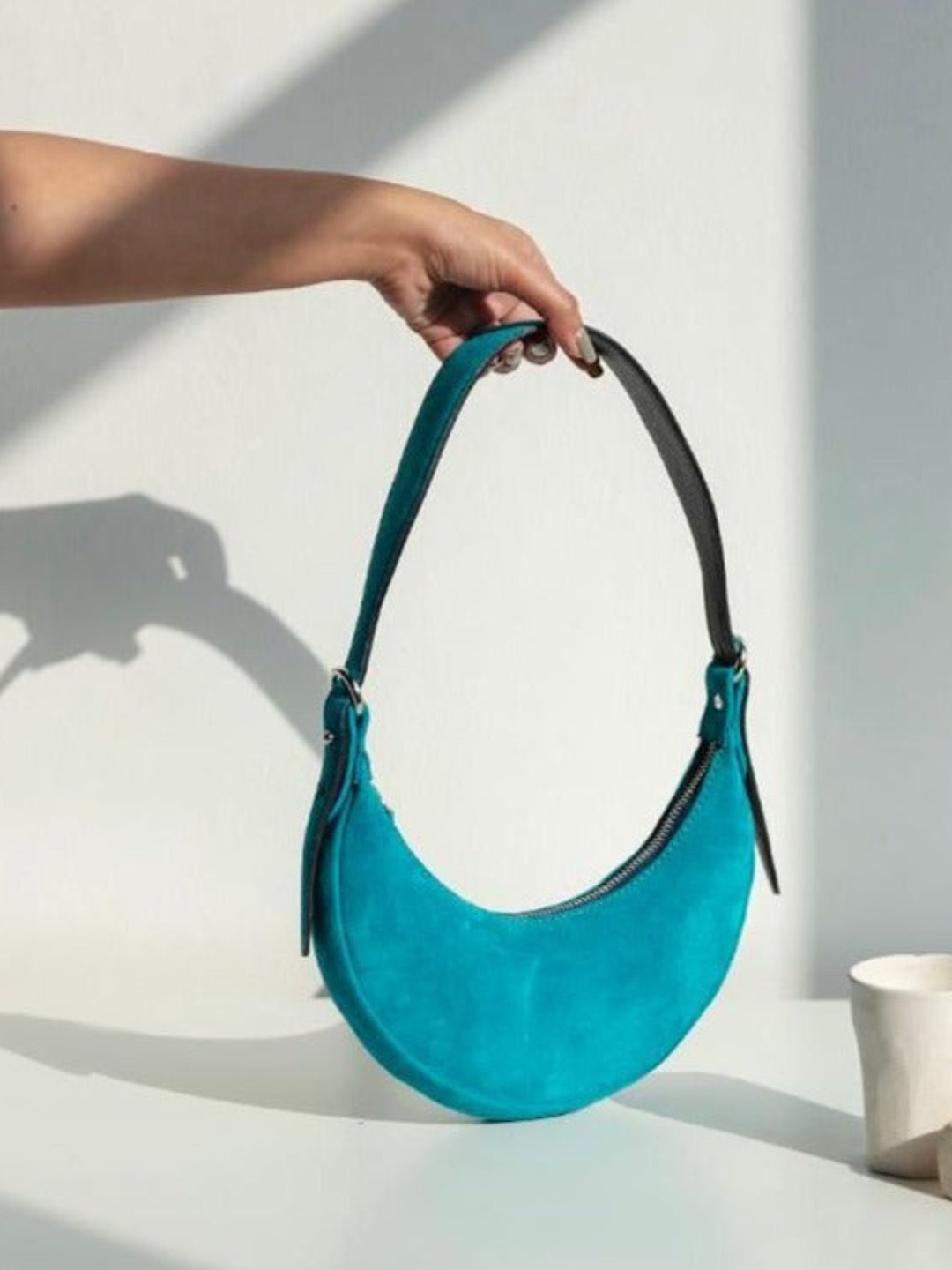 

Mistry Half Moon Pure Leather Hobo Bag, Blue