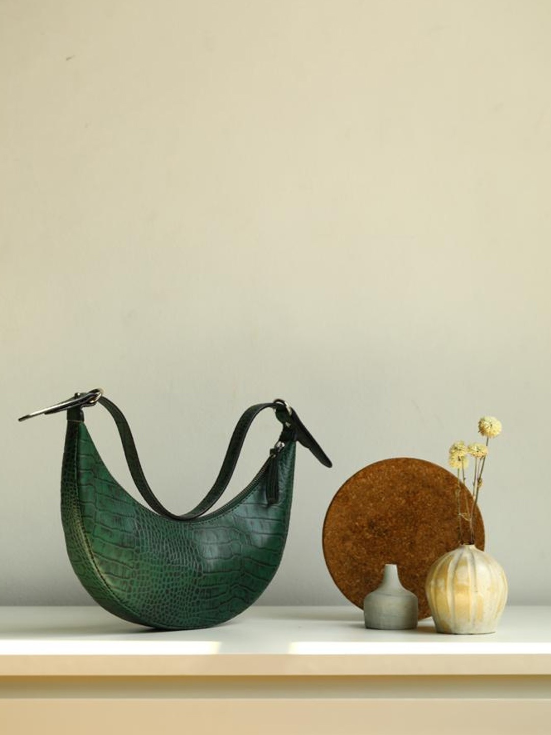 

Mistry Textured Half Moon Pure Leather Hobo Bag, Green
