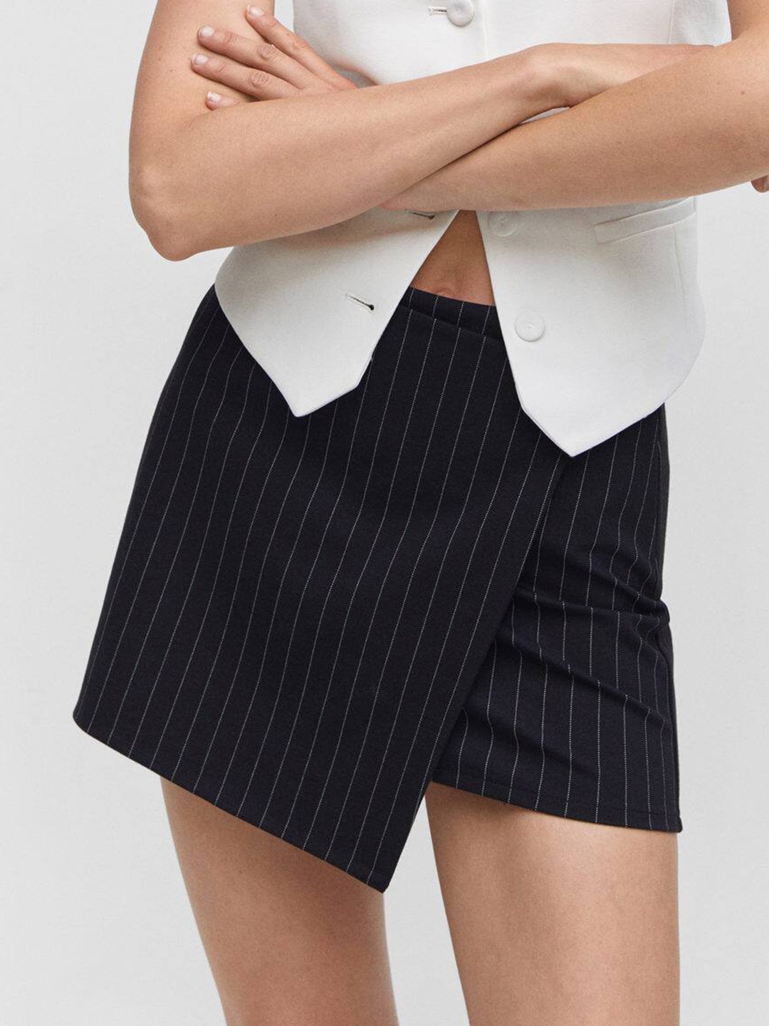 

MANGO Pinstripe Mini Wrap SKirt, Navy blue