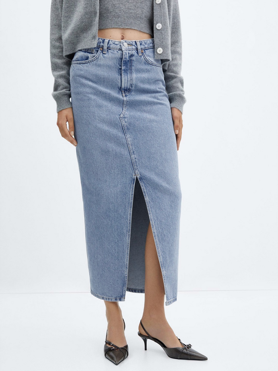 

MANGO Women Pure Cotton Denim Slit Maxi Skirt, Blue
