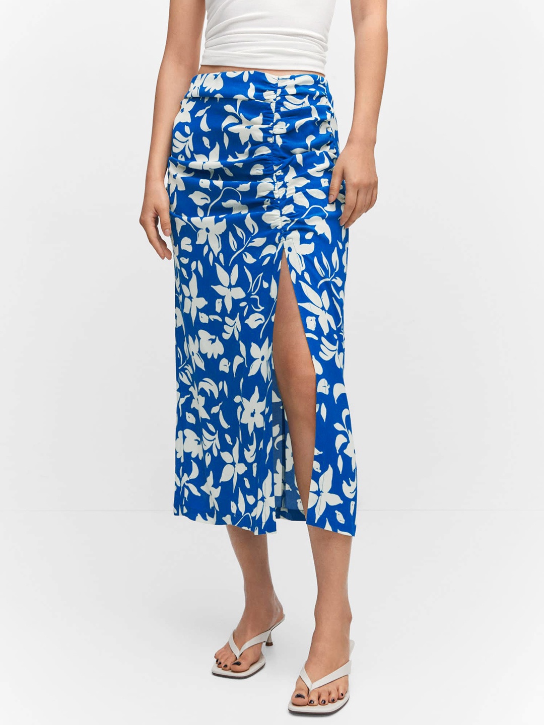 

MANGO Floral Printed Ruched Detail Front Slit Straight Midi Skirt, Blue