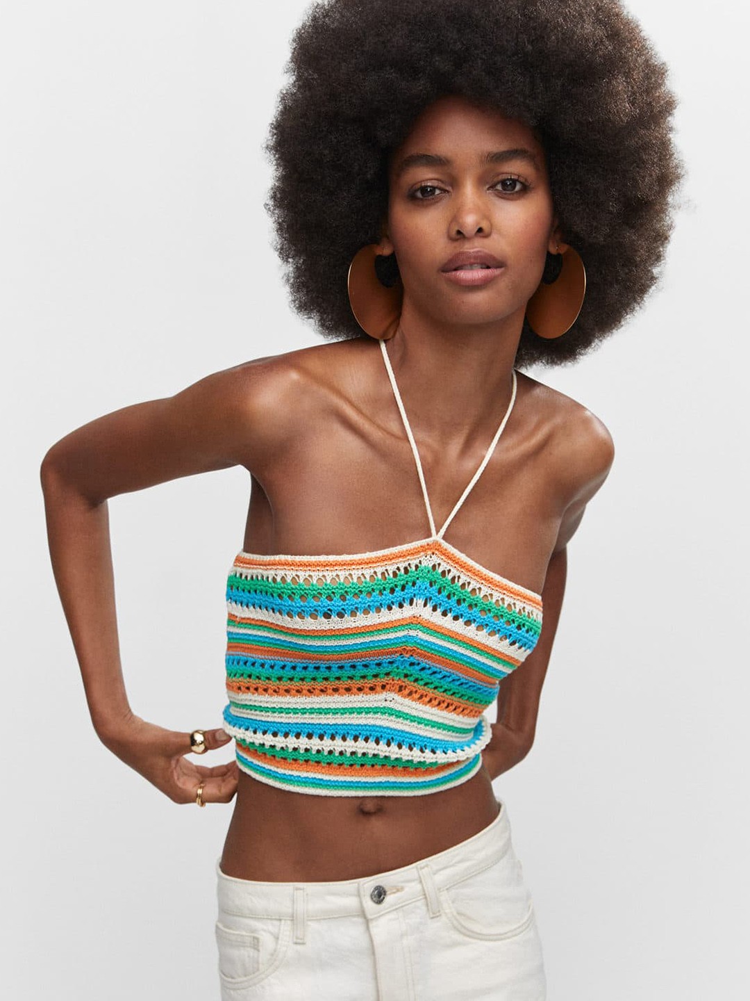 

MANGO Striped Halter Neck Crochet Crop Top, Blue