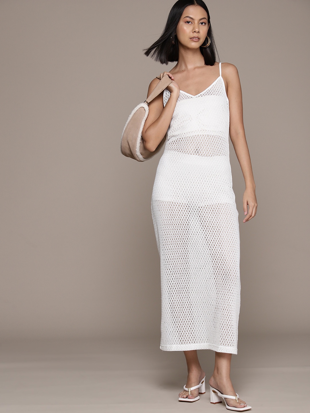 

MANGO Openwork Knit Sheer Midi Dress, White