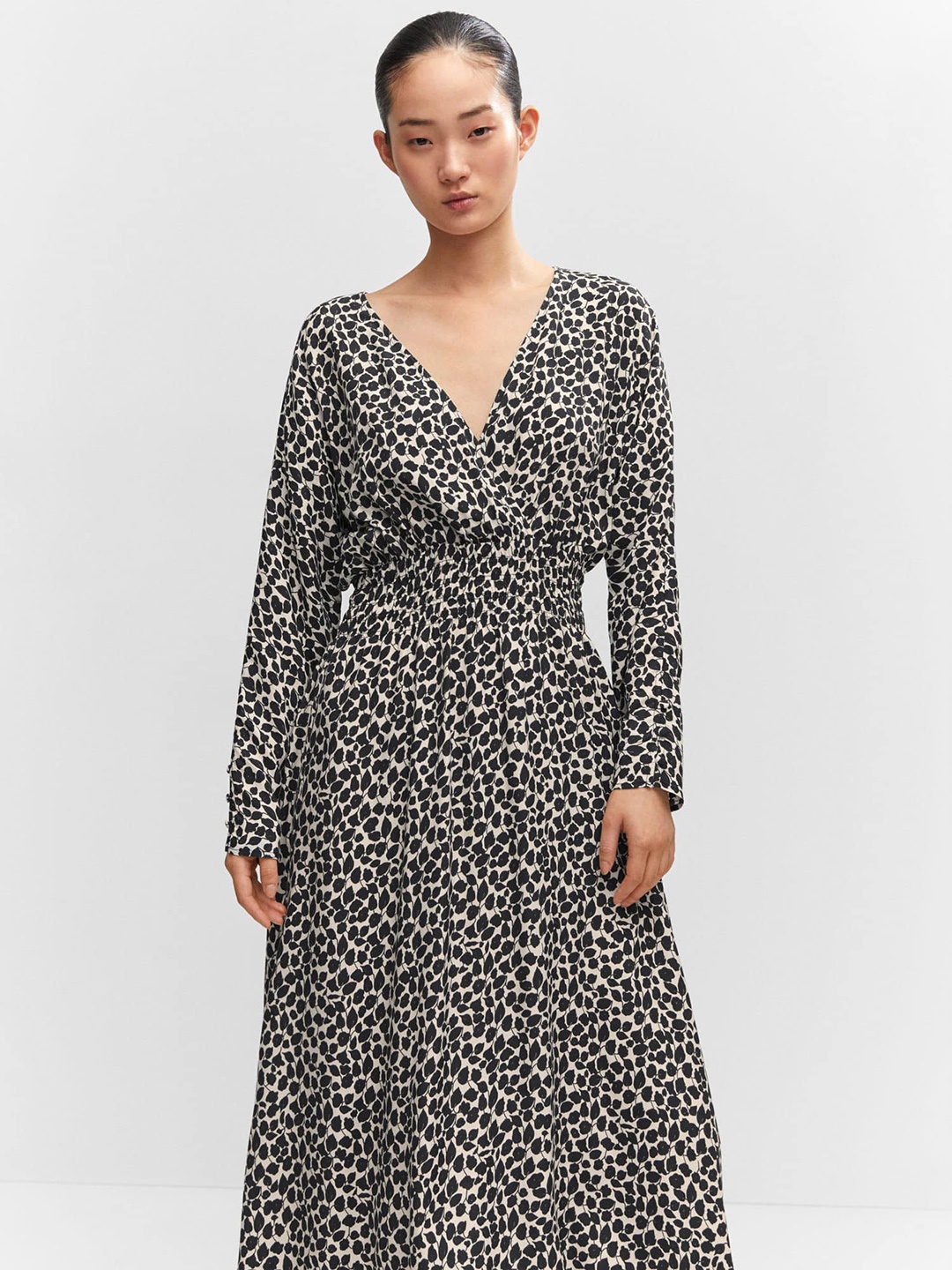 

MANGO Smocked Printed Wrap Style Midi Dress, Black