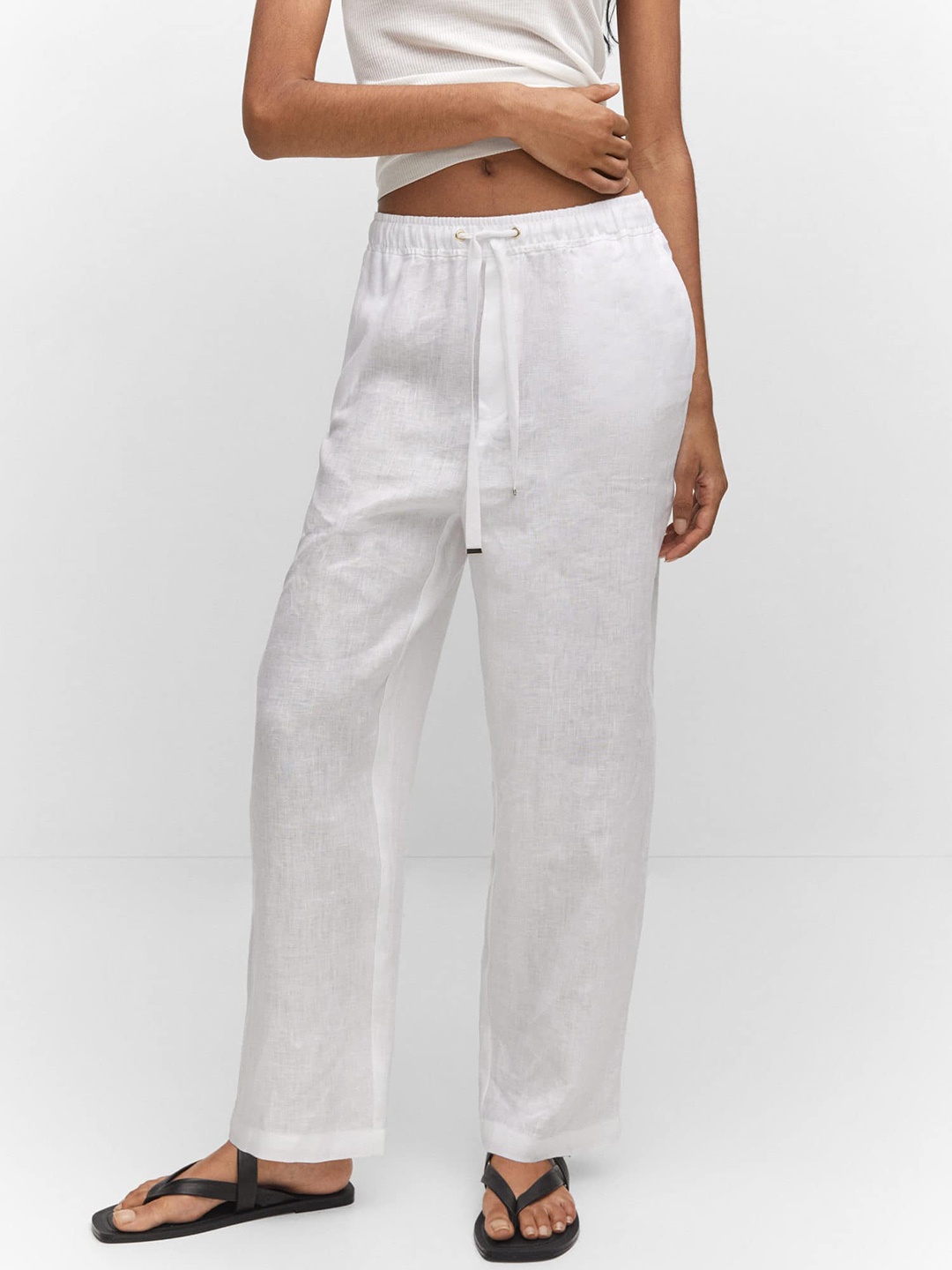 

MANGO Women Pure Linen Trousers, White