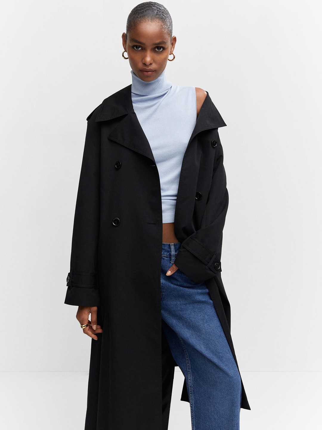 

MANGO Women Solid Double-Breasted Longline Trench Coat, Black