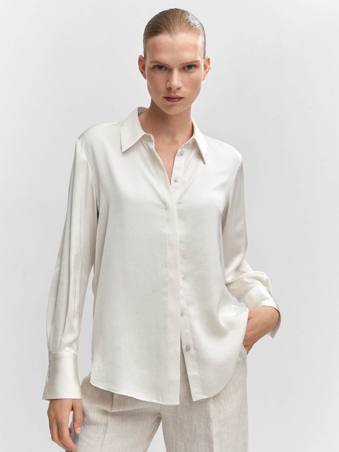 

MANGO Satin Finish Opaque Casual Shirt, Off white