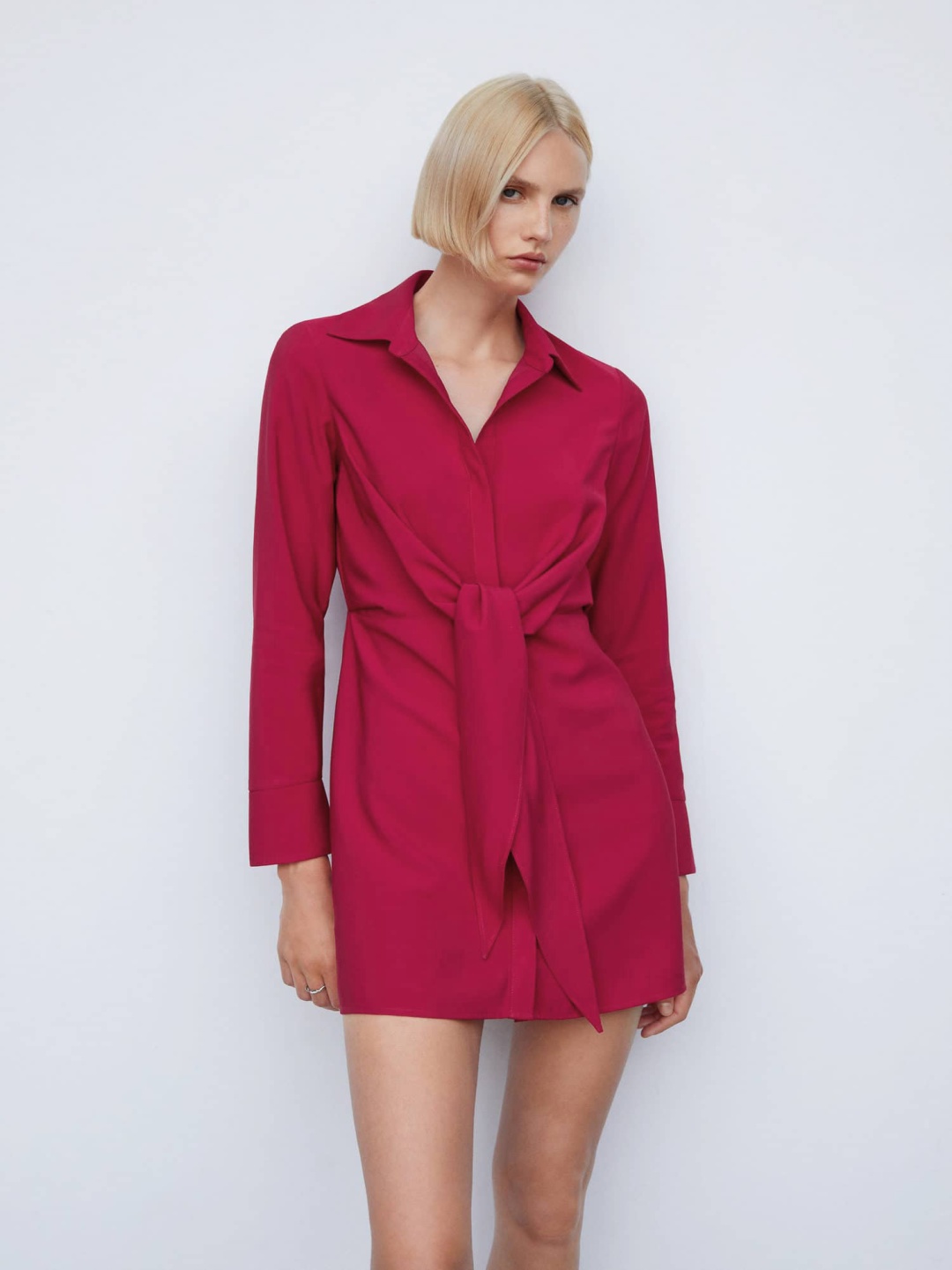 

MANGO Knot Detail Mini Shirt Dress, Magenta
