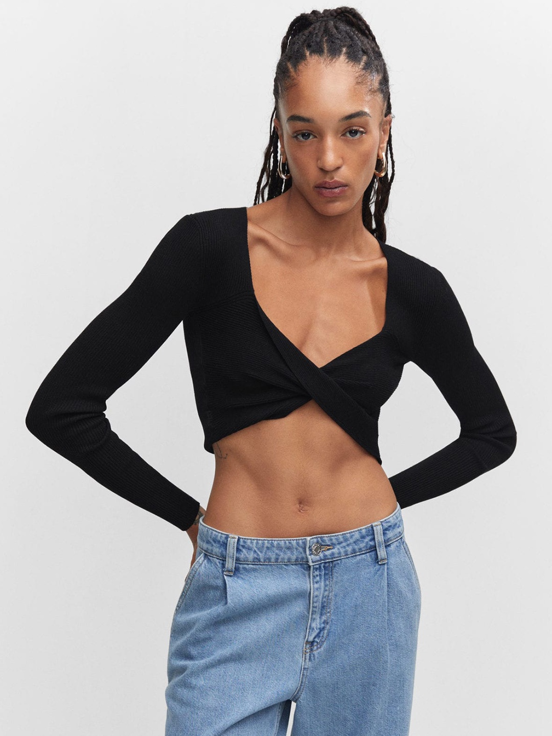 

MANGO Sweetheart Neck Criss-Cross Layered Crop Top, Black