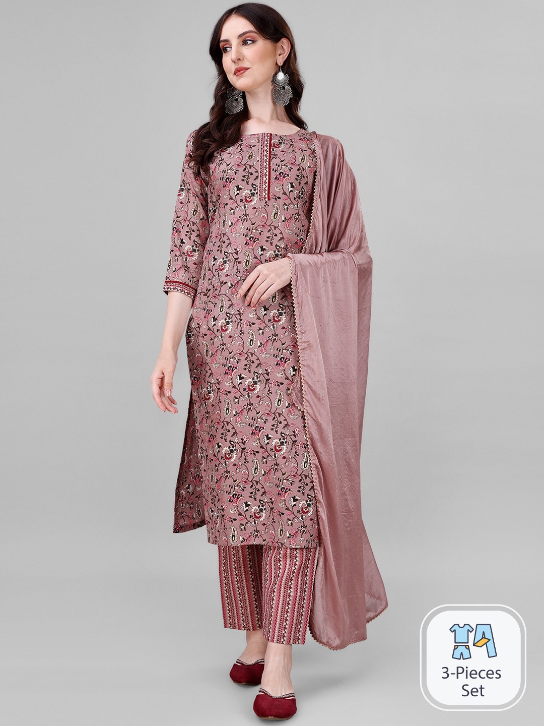 

Sun Fashion And Lifestyle Floral Printed Kurta & Trousers With Dupatta, Pink