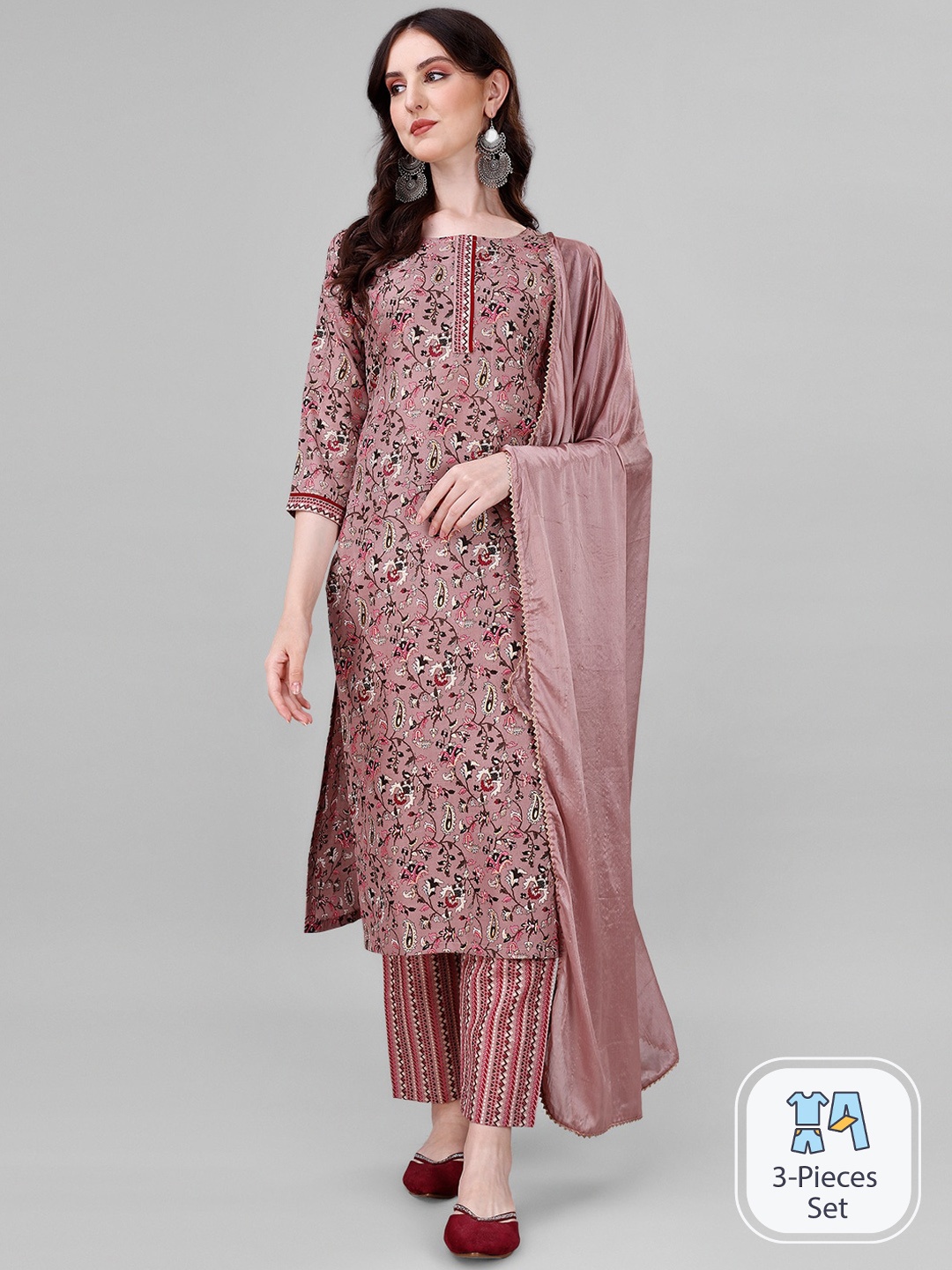 

Sun Fashion And Lifestyle Floral Printed Kurta & Trousers With Dupatta, Pink