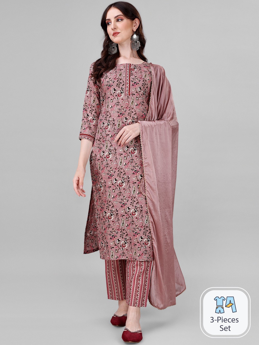 

Sun Fashion And Lifestyle Floral Printed Kurta & Trousers With Dupatta, Pink