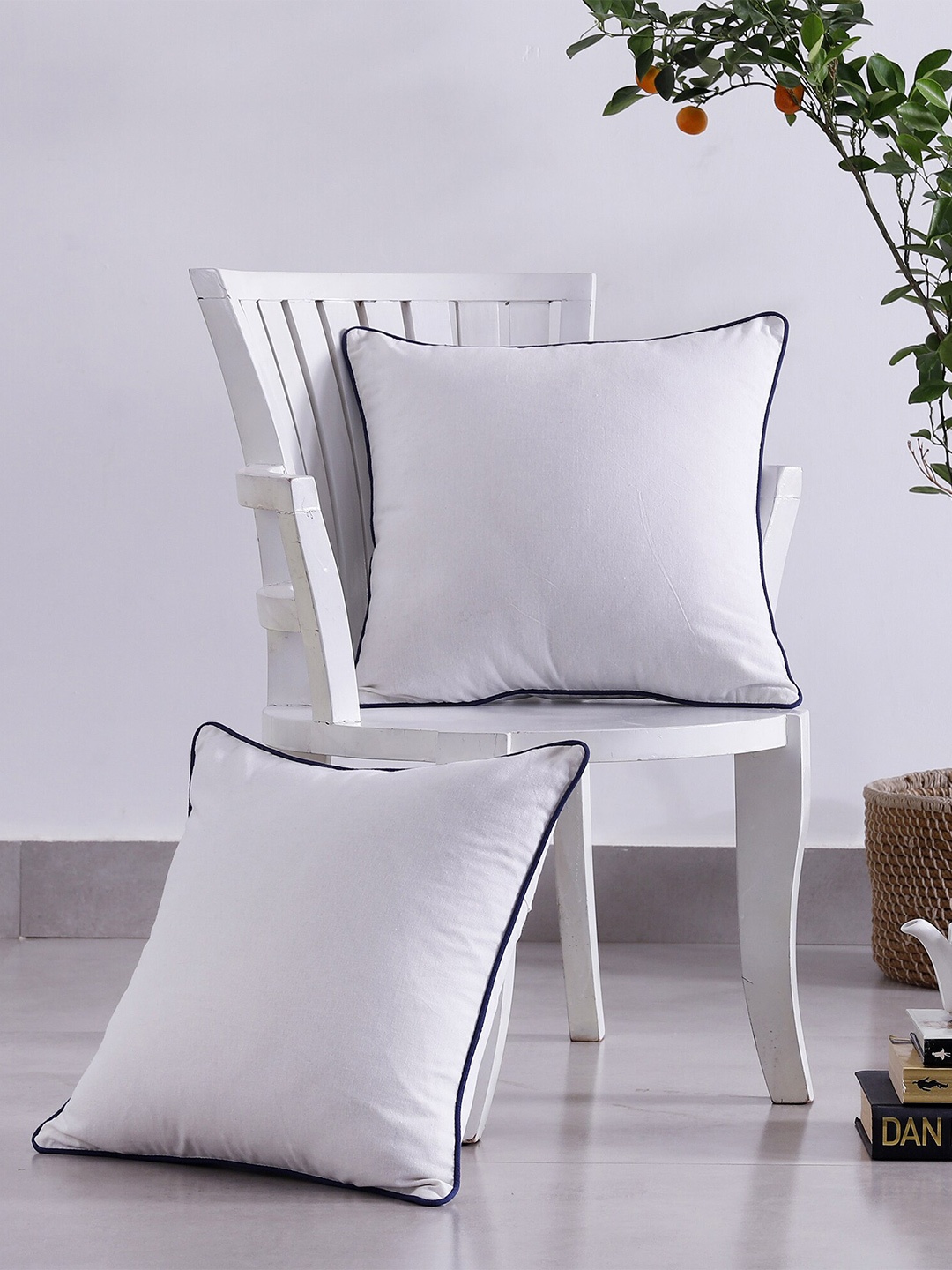 

HANDICRAFT PALACE 2 Pcs White & Blue Square Cotton Cushion Covers
