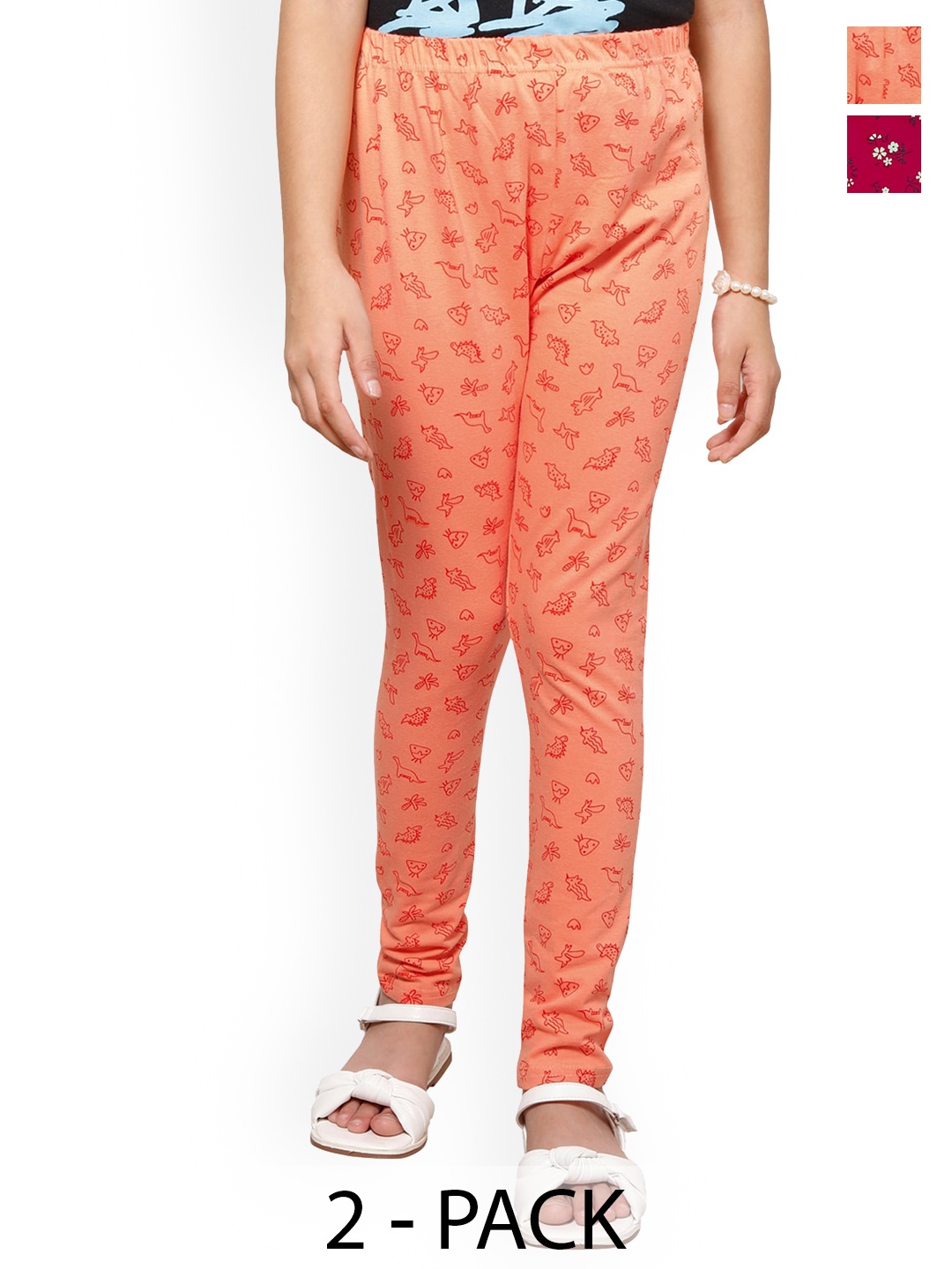 

BAESD Girls Pack Of 2 Printed Super Soft Cotton Lycra Ankle Length Leggings, Orange