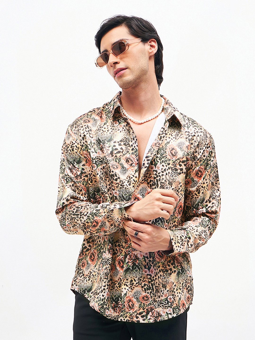 

MASCLN SASSAFRAS Brown Relaxed Animal Printed Satin Party Shirt