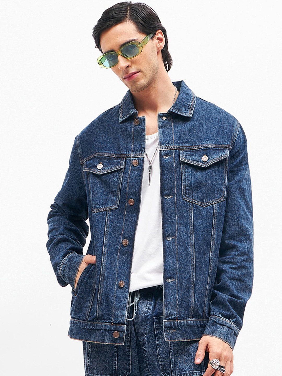 

MASCLN SASSAFRAS Spread Collar Pure Cotton Denim Jacket, Blue