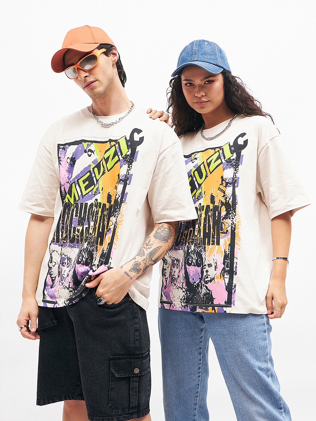 

MASCLN SASSAFRAS Unisex Beige Music Printed Drop Shoulder Sleeves Cotton Oversized T-shirt