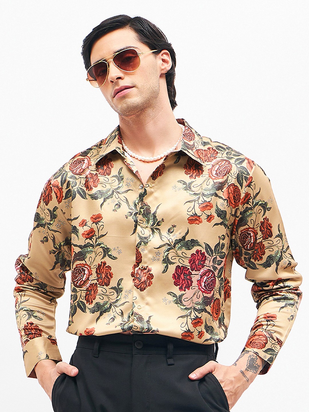 

MASCLN SASSAFRAS Men Beige Relaxed Floral Printed Satin Party Shirt