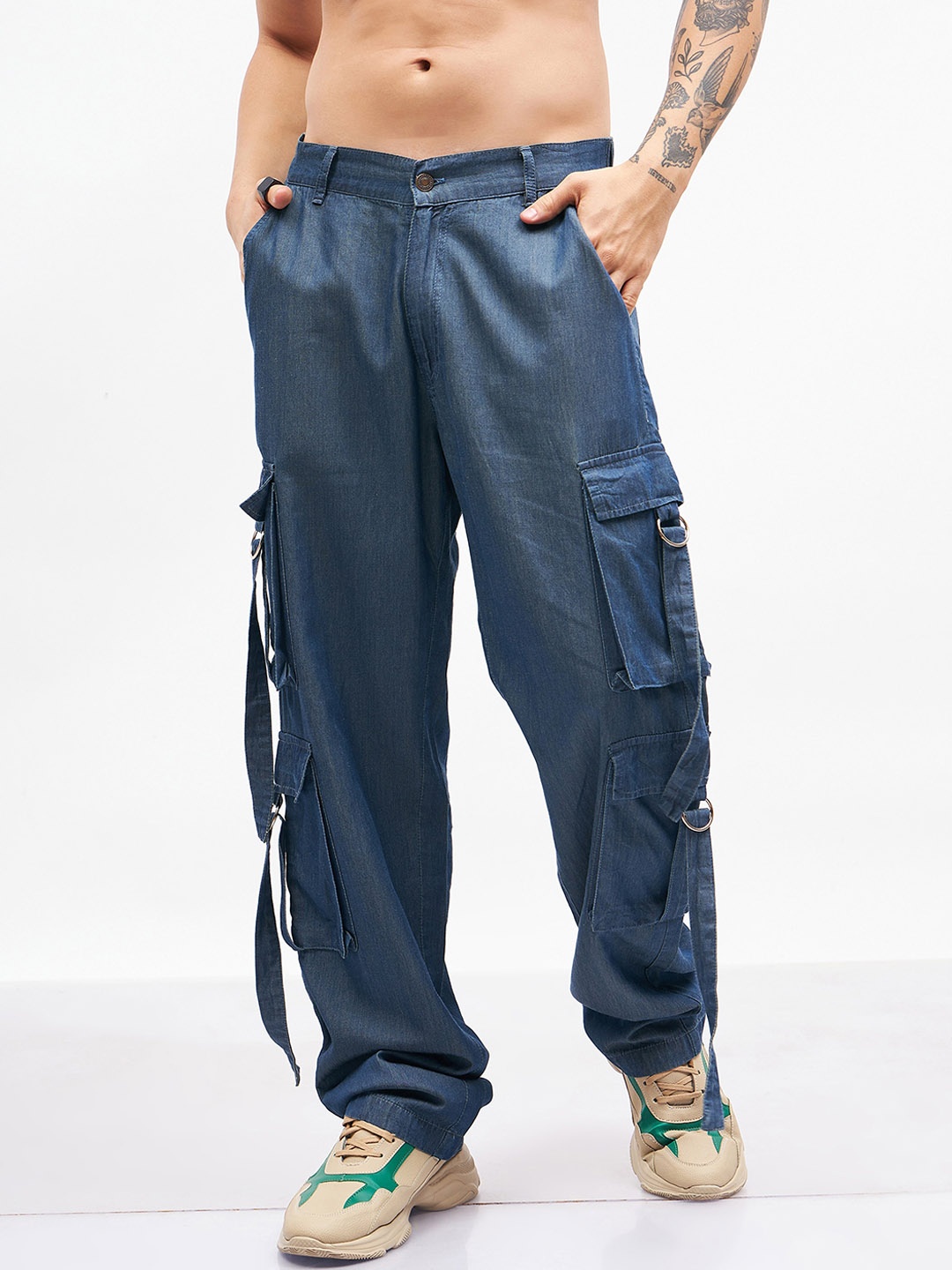 

MASCLN SASSAFRAS Men Relaxed Loose Fit Pure Cotton Cargos Trousers, Blue