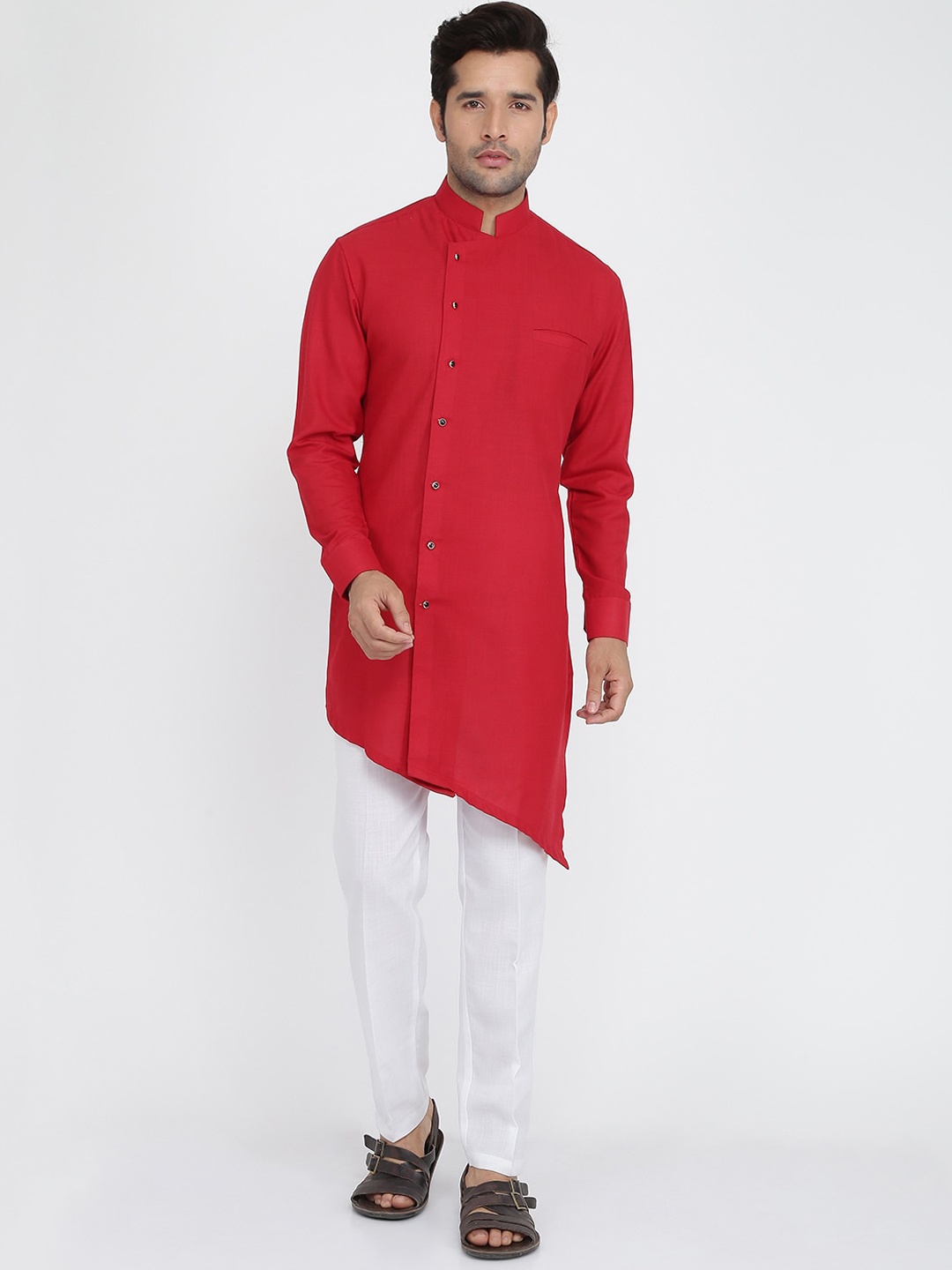 

ROYAL KURTA Mandarin Collar Angrakha Pure Cotton Kurta With Trousers, Red