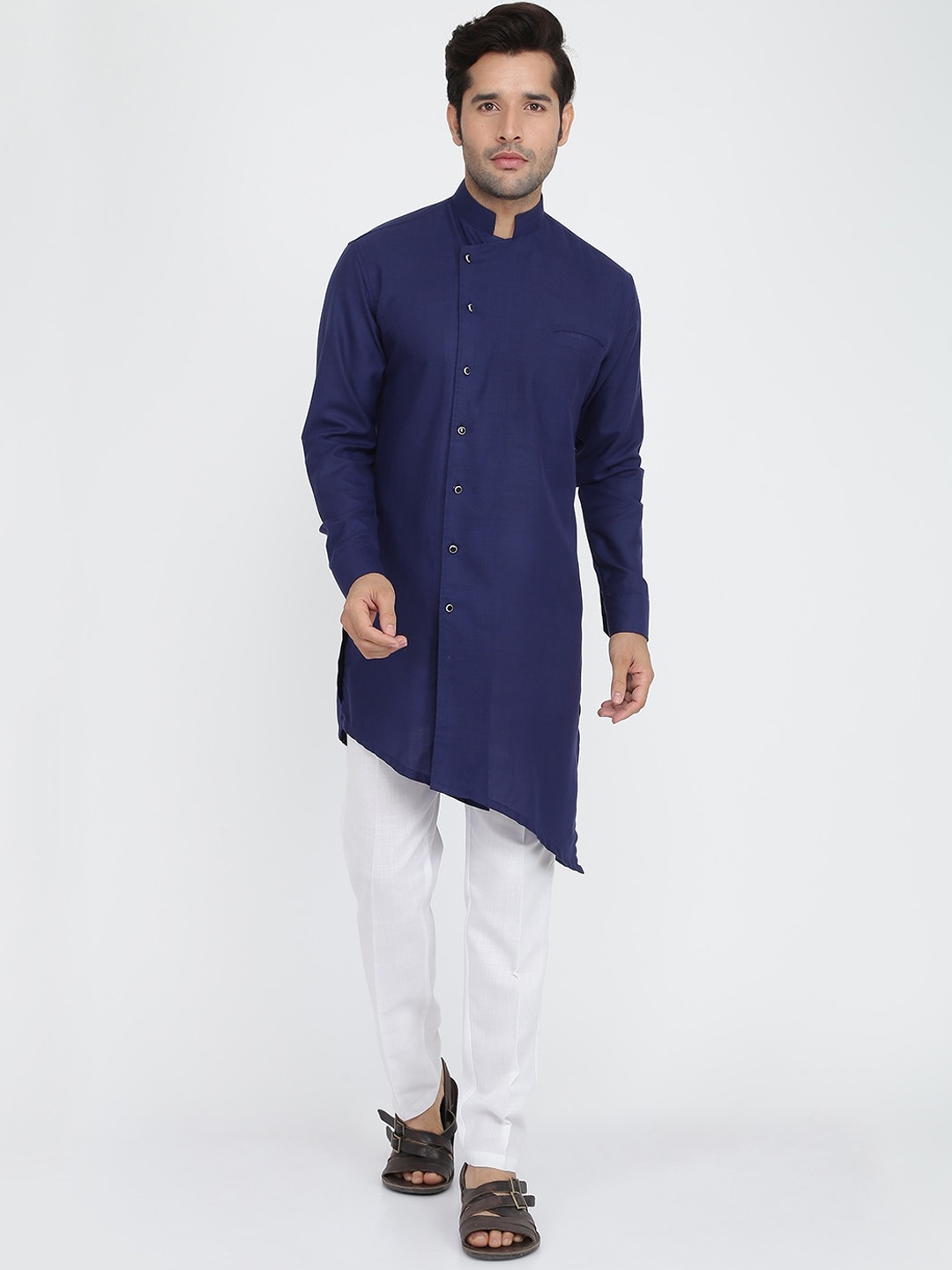 

ROYAL KURTA Mandarin Collar Straight Kurta, Navy blue