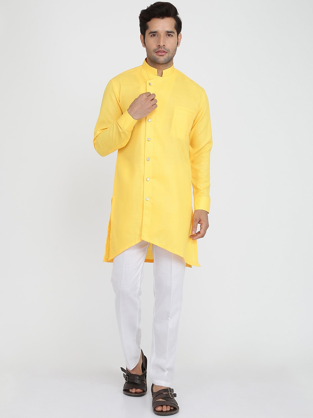 

ROYAL KURTA Mandarin Collar Pure Cotton Kurta With Trouser, Yellow