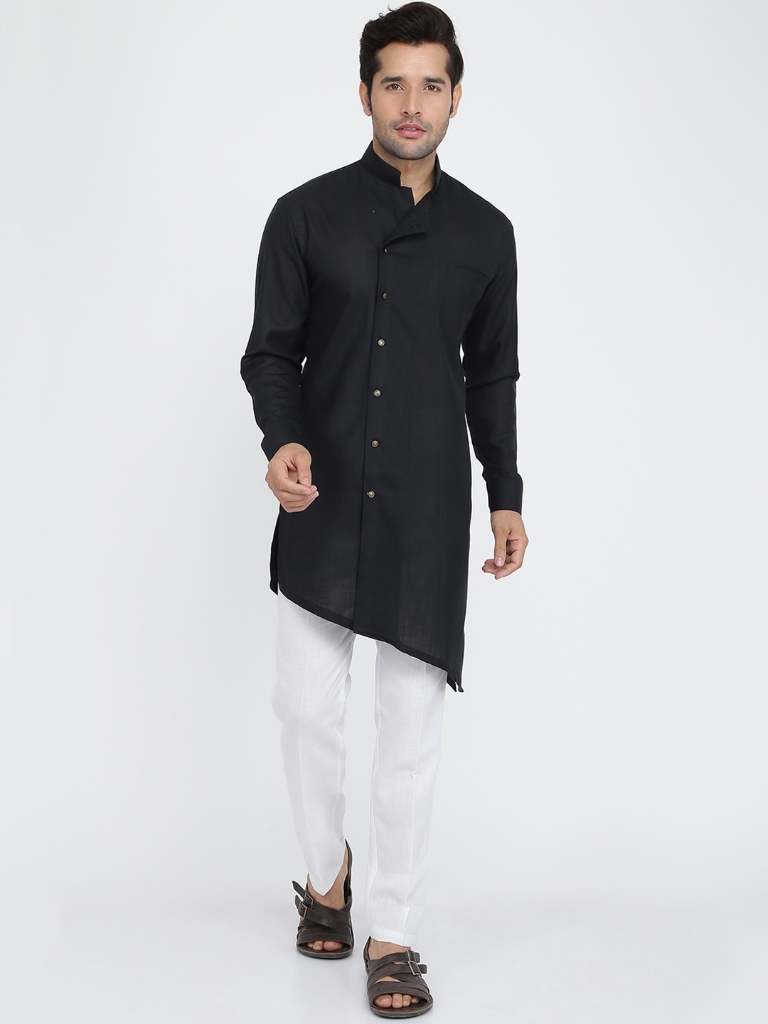 

ROYAL KURTA Band Collar Angrakha Pure Cotton Kurta With Trousers, Black