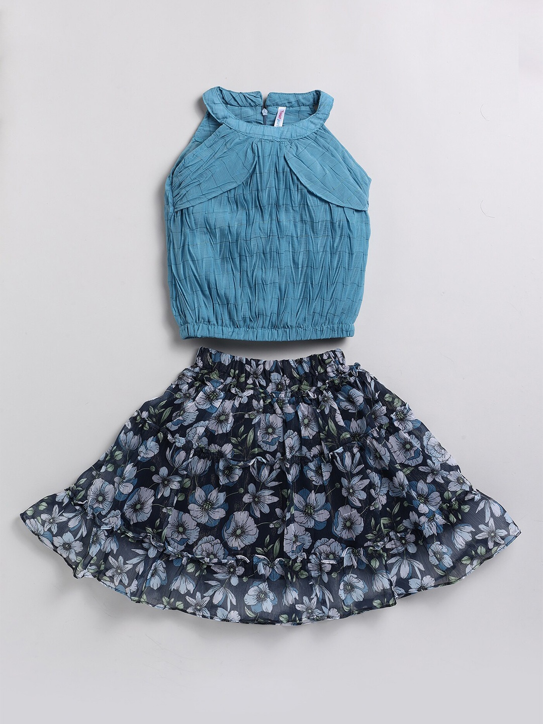 

Toonyport Girls Floral Printed Round Neck Top with Skirt, Blue