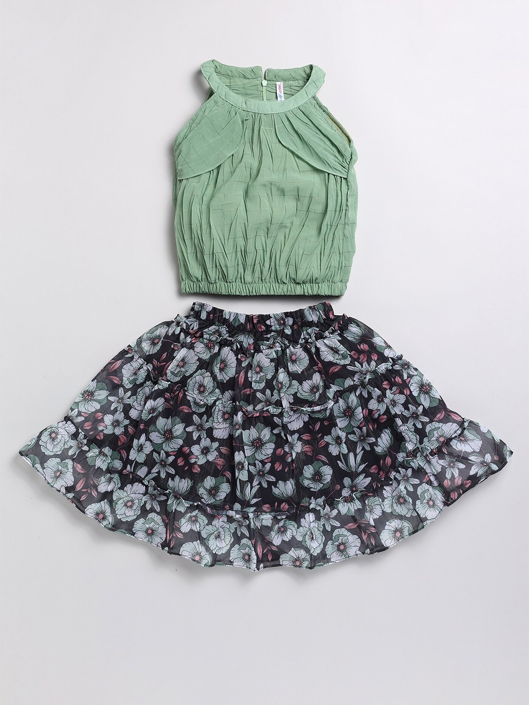 

Toonyport Girls Floral Printed Round Neck Top with Skirt, Green