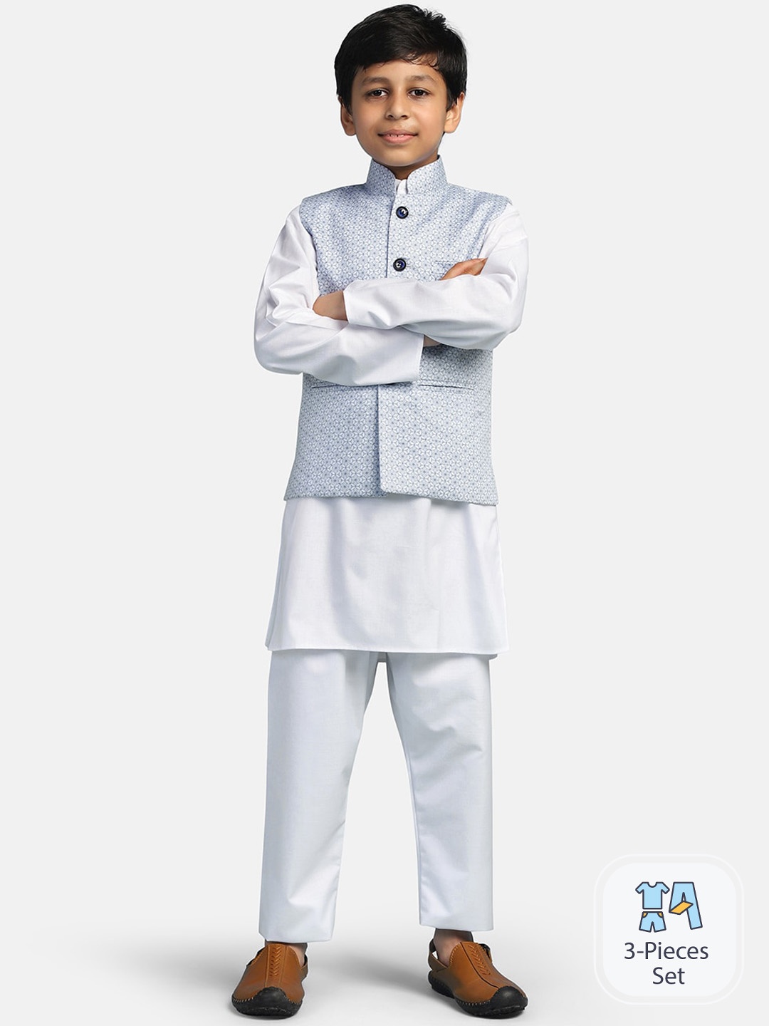

TAHVO Boys Printed Regular Kurta With Pyjamas & Nehru Jacket, White