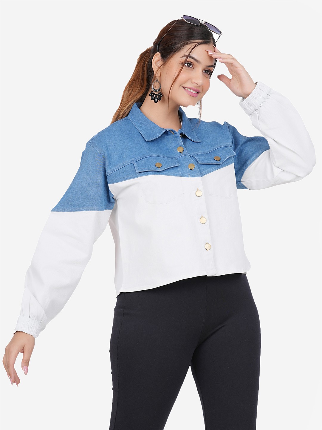 

SUMAVI-FASHION Colourblocked Spread Collar Denim Jacket, Blue