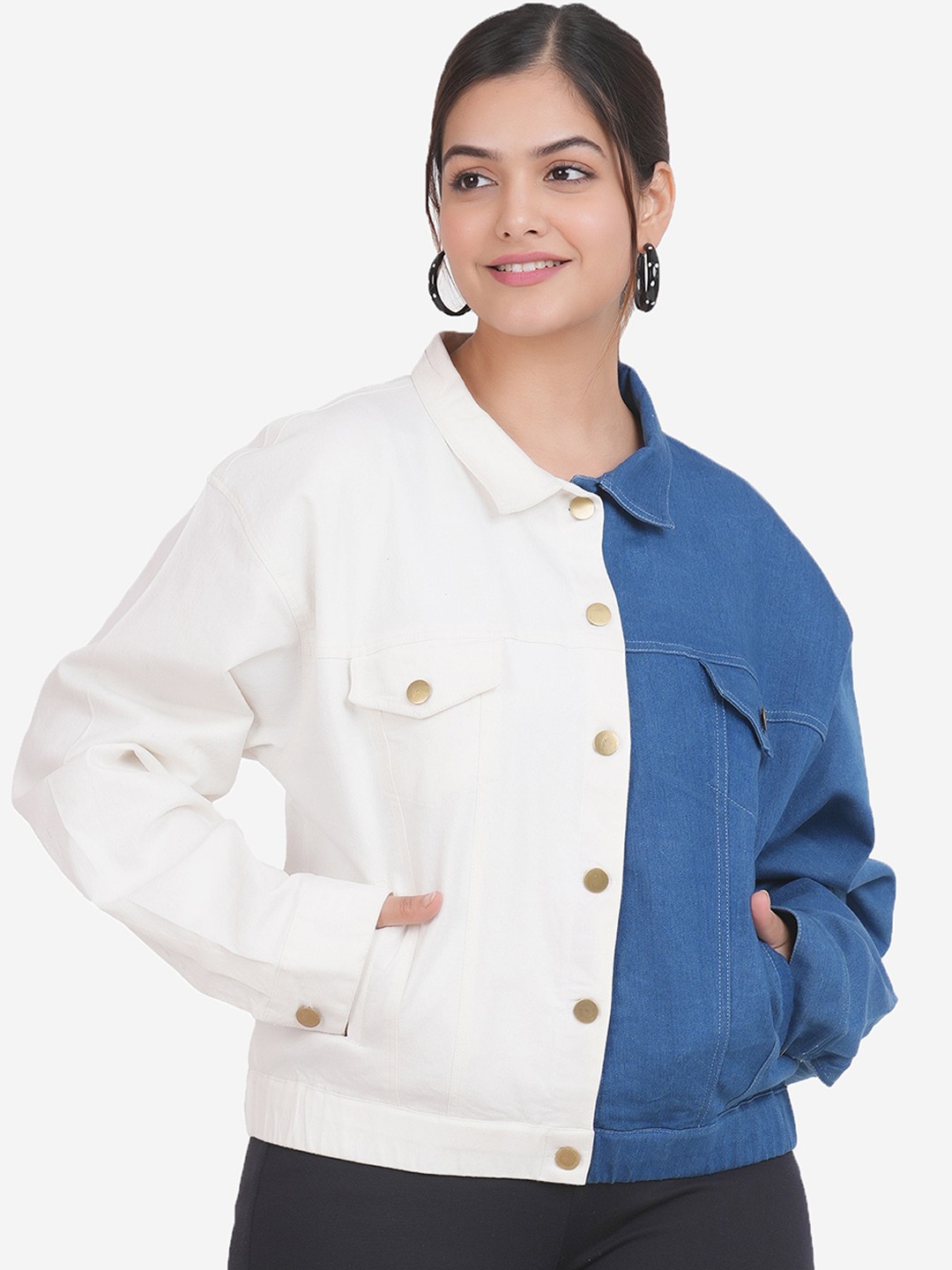 

SUMAVI-FASHION Colourblocked Spread Collar Denim Jacket, Blue